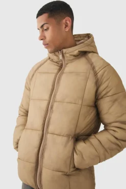 Washed Seam Hooded Puffer Jacket In Camel