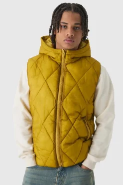 Washed Seam Hooded Quilted Gilet In Yellow