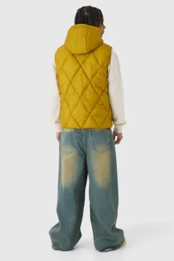 Washed Seam Hooded Quilted Gilet In Yellow