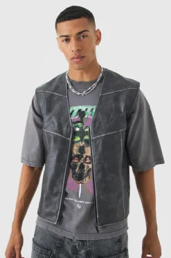 Washed Seam PU Vest In Black