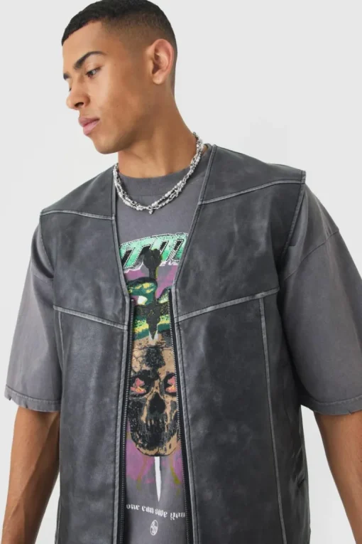 Washed Seam PU Vest In Black