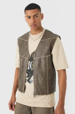 Washed Seam PU Vest In Sage