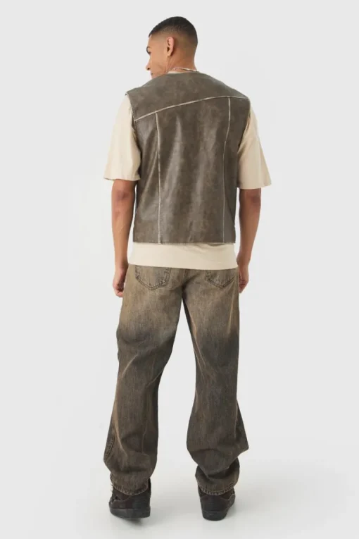 Washed Seam PU Vest In Sage