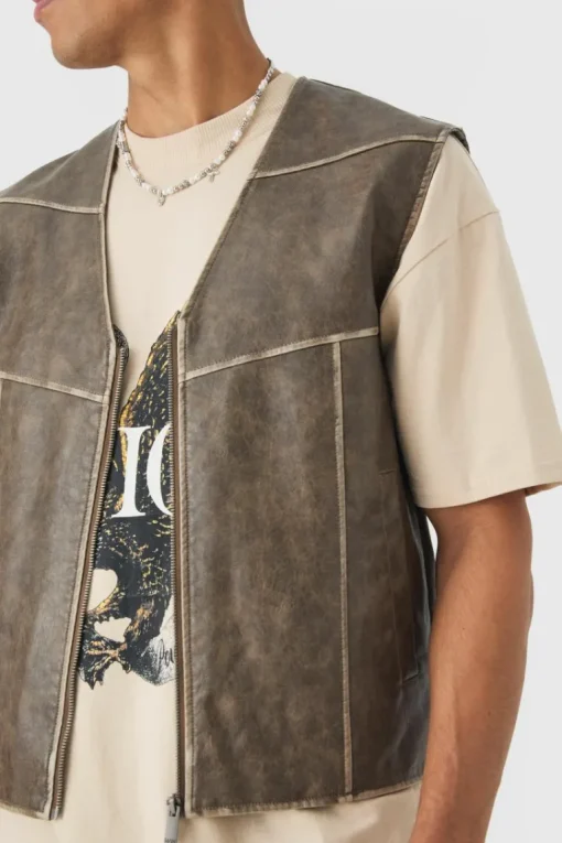 Washed Seam PU Vest In Sage