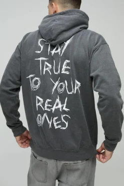 Washed Stay True Text Graphic Hoodie