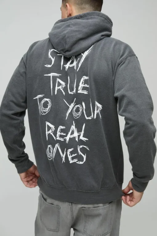 Washed Stay True Text Graphic Hoodie