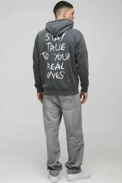 Washed Stay True Text Graphic Hoodie