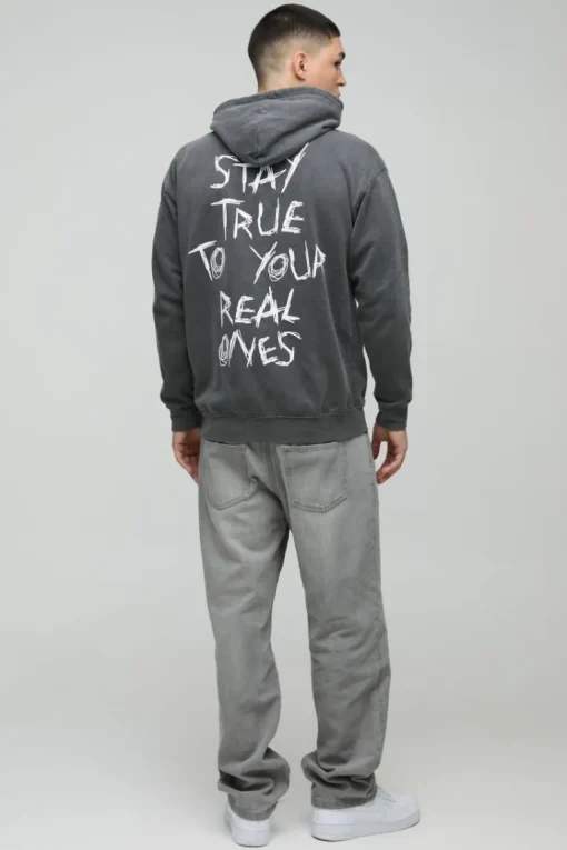 Washed Stay True Text Graphic Hoodie
