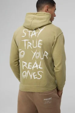 Washed Stay True Text Graphic Hoodie