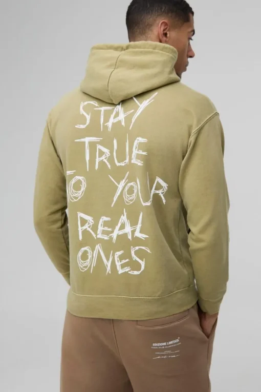 Washed Stay True Text Graphic Hoodie