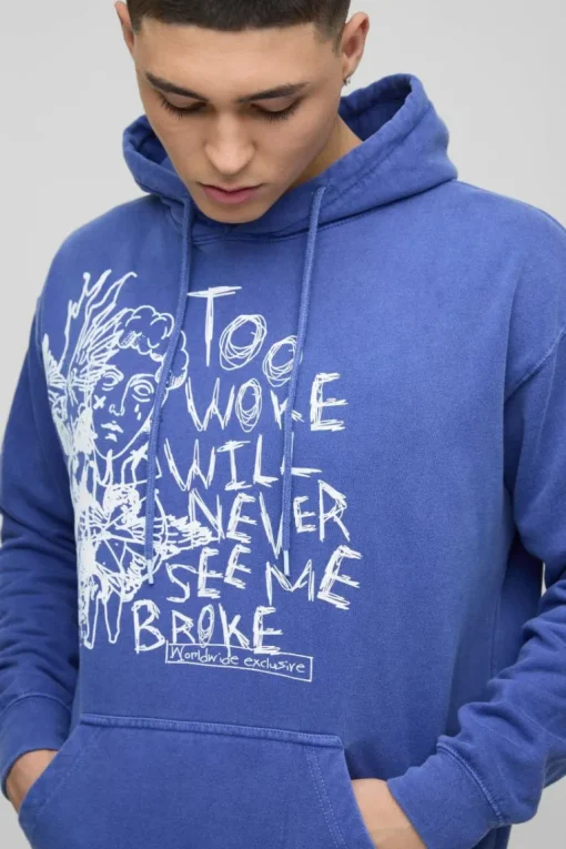 Washed Too Woke Text Graphic Hoodie