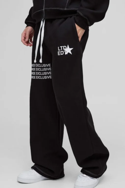 Wide Leg Contrast Stitch Printed Joggers
