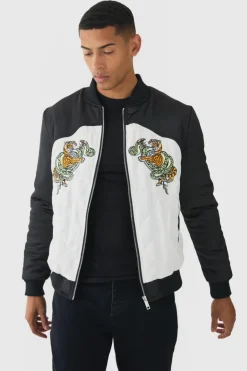 Worldwide Satin Quilted Padded Bomber Jacket In Black