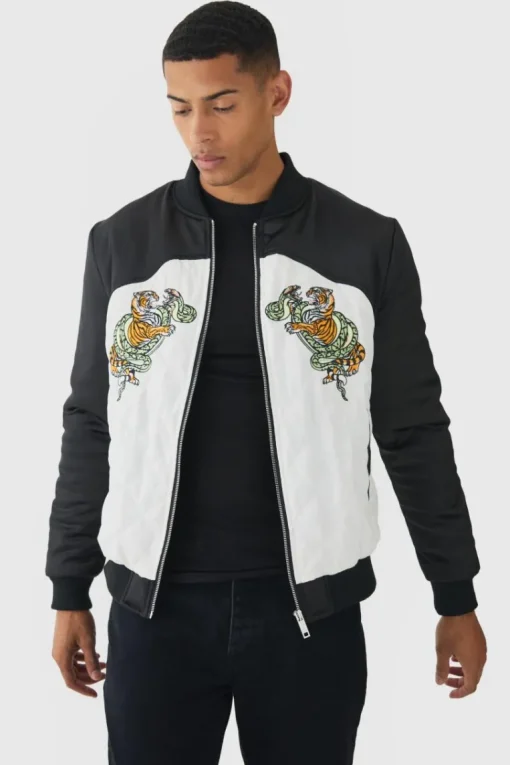 Worldwide Satin Quilted Padded Bomber Jacket In Black