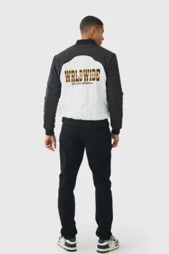 Worldwide Satin Quilted Padded Bomber Jacket In Black