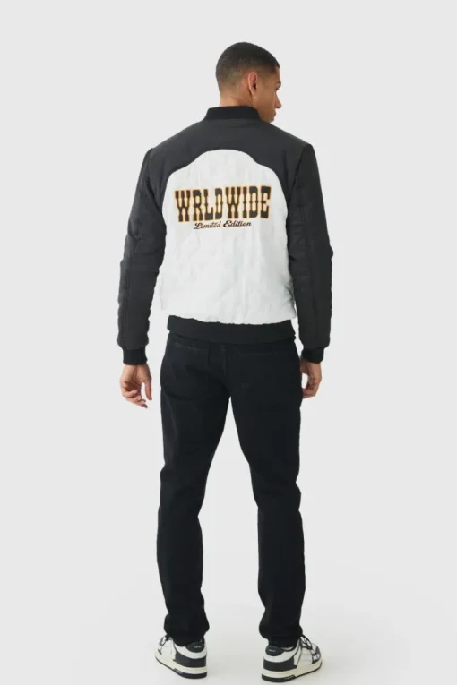 Worldwide Satin Quilted Padded Bomber Jacket In Black