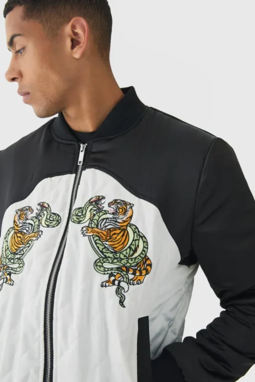 Worldwide Satin Quilted Padded Bomber Jacket In Black